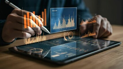 Businessman Analyzing Financial Data on Tablet - Close-up shot of a businessman's hands using a stylus on a tablet displaying various financial charts and graphs.  The data is presented as a holograph - Powered by Adobe