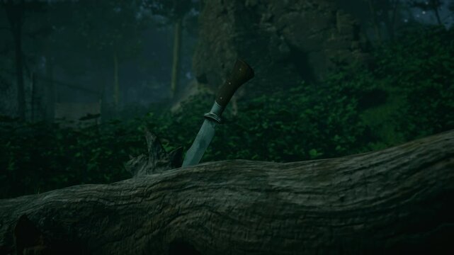 A hunting knife with a wooden handle is stuck in a fallen log. Weapon in a log, in a forrest setting.