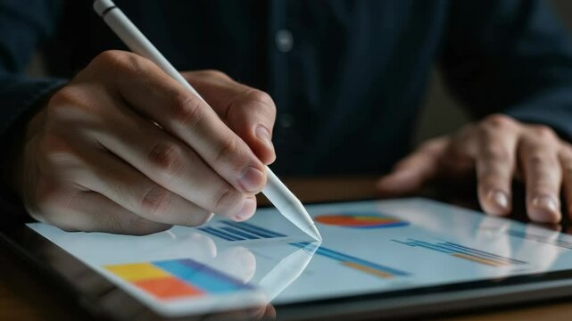 Businessman Analyzing Financial Data on Tablet - Close-up of a man's hands using a stylus to interact with financial charts and graphs displayed on a tablet screen.  The video conveys a sense of focus