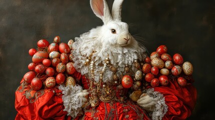 Regal White Rabbit in Ornate Baroque Attire with Decorated Eggs.