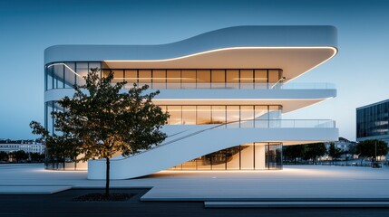 Modern architectural marvel highlighted by soft ambient lighting at dusk.