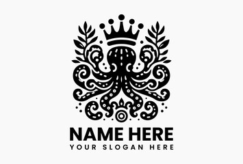 Elegant black and white illustration of an octopus wearing a crown, surrounded by decorative leaves and a flower in a symmetrical design. Marine animal concept