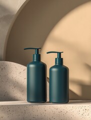 Cosmetic bottles on beige background – minimal mockup for skincare packaging, beauty branding, or spa product visuals