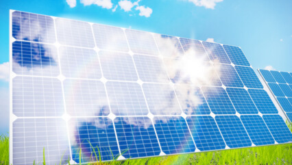 太陽光と空を反射した太陽光発電パネル