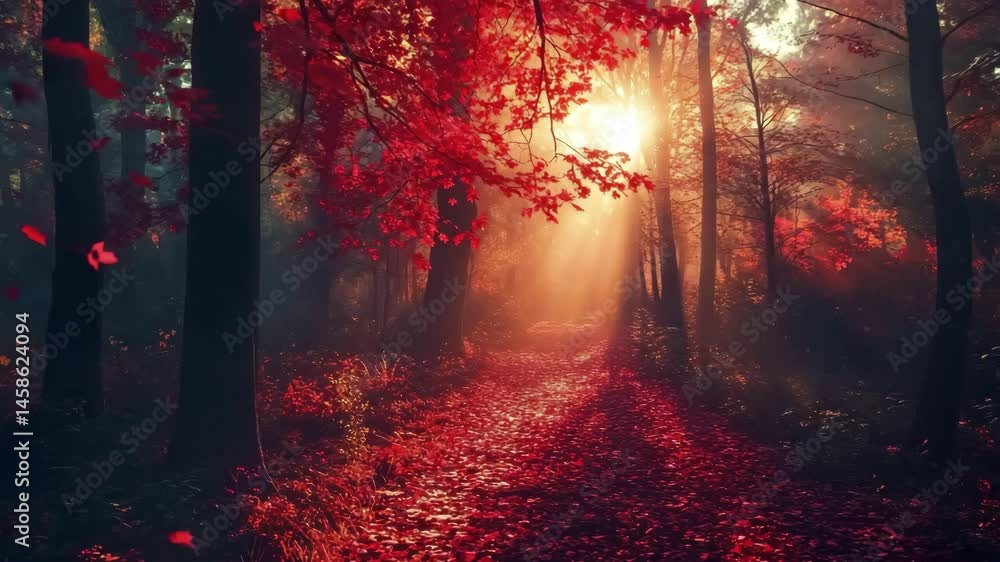 Poster sun rays through the autumn forest scene of tall trees with deep red leaves