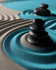 Zen stones on blue sand – minimal wellness concept for spa branding, mindfulness visuals, or calm interior backgrounds