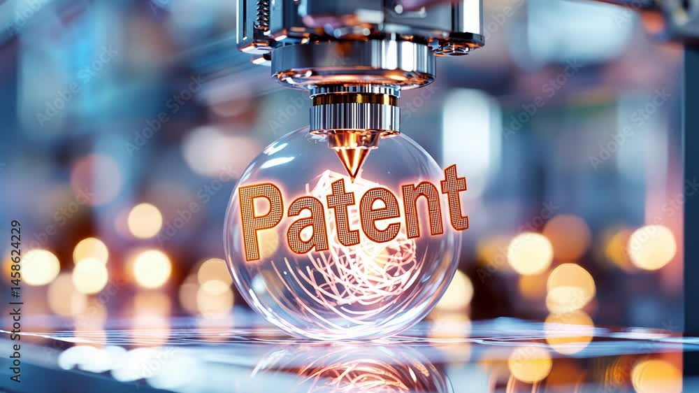 Poster Futuristic patent concept with glowing text inside glass sphere in high-tech environment.