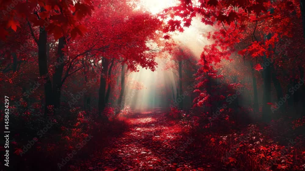 Poster sun rays through the autumn forest scene of tall trees with deep red leaves