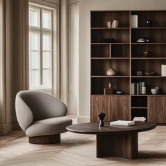 Modern, cozy living room with warm, neutral tones