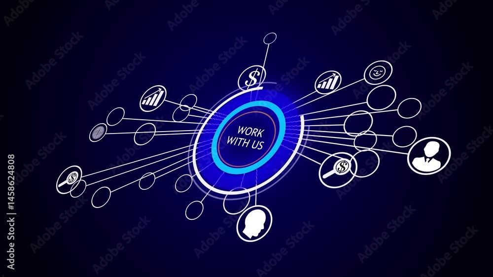 Poster technology, internet and teamwork communication concept with neon line on black background. animatio