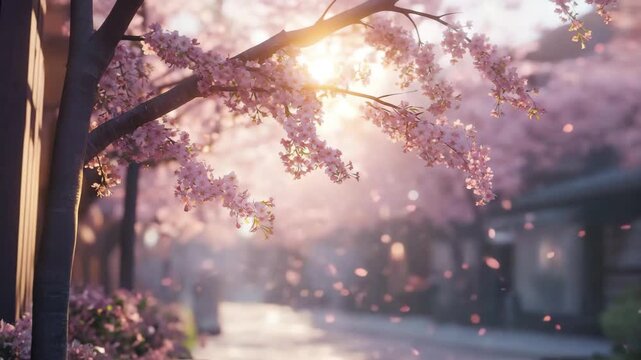 A cherry blossom branch with vibrant pink flowers in sunset in the forest