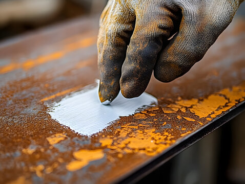 Close-up of a gloved hand applying white paint to a rusted metal surface, showcasing restoration, maintenance, and industrial repair work.