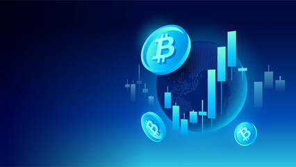 Bitcoin Symbol with Trading Candlestick Graph Crypto or Money Coin with  Global Worldwide Tech Neon Dot Map Backgrounds representing Innovation Futuristic Currency Banking Financial Concepts