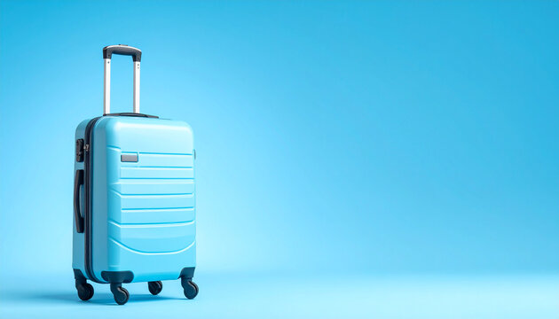 Light blue suitcase with wheels on blue background