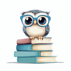 Cartoon vector illustration of a baby owl perched on a stack of storybooks with oversized glasses on white background