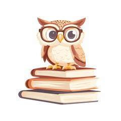 Cartoon vector illustration of a baby owl perched on a stack of storybooks with oversized glasses on white background