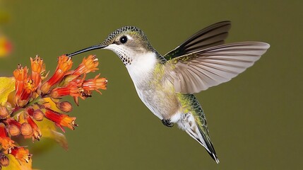 Fototapeta premium Hummingbird in flight, feeding on vibrant orange flowers