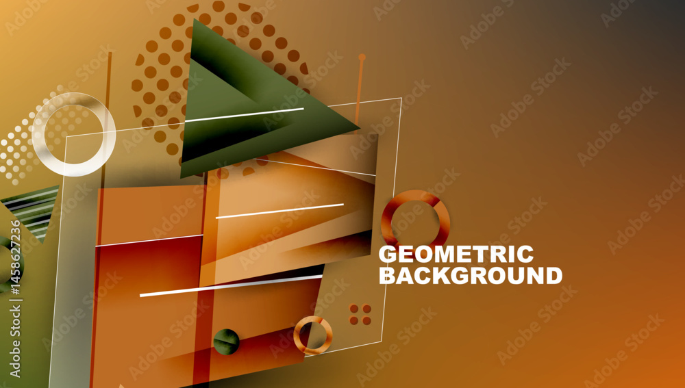 Poster Abstract geometric composition. Orange, green hues dominate design. Shapes overlap creating dynamic visual effect. Modern aesthetic.