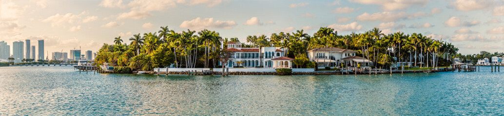 A panorama view across Palm Island and downtown Miami in springtime