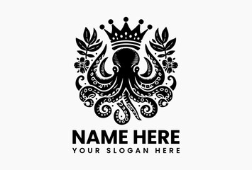 Cartoon octopus with crown surrounded by floral and leafy elements in symmetrical black and white vector design, symbolizing marine royalty and underwater charm  