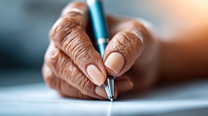 A senior adult's hand holds a pen, poised above a document ready to sign with wrinkles and detailed skin texture
