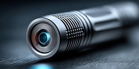 Close-up View of a Futuristic Silver Cylinder with Concentric Circles, Geometric Design, and a Glowing Center on a Dark Surface
