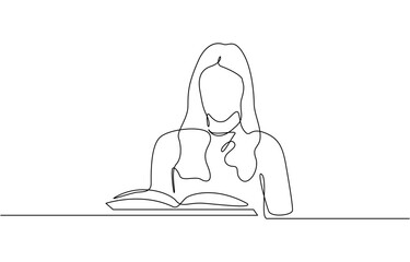 Woman reading or studying single line drawing style, One continuous line drawing of people with reading activity illustration reading design in simple design.