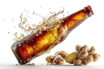 A bottle of ginger ale bursts with liquid and sits with ginger roots in a studio shot.