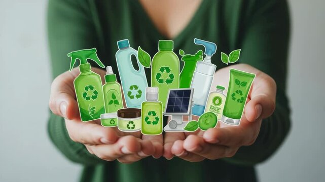 Eco-Friendly Products in Hands - A person's hands gently cradle a collection of eco-friendly product icons