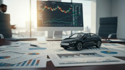 Electric Car Investment Analysis - A black electric car model sits on financial documents and charts spread across a modern office desk - Powered by Adobe