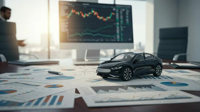 Electric Car Investment Analysis - A black electric car model sits on financial documents and charts spread across a modern office desk - Powered by Adobe