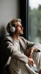 A person wearing headphones sits comfortably by a window, dressed in casual attire. The scene conveys a sense of relaxation and introspection.