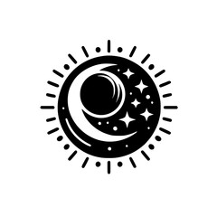 Celestial Moon & Starburst Icon: Black & White Minimalist Design