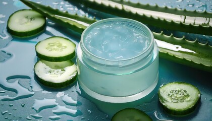 jar of soothing gel with aloe vera and cucumber, surrounded by fresh aloe vera leaves and cucumber slices 
