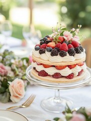Three-tiered cake on a glass cake stand. the cake is decorated with fresh berries and whipped cream. the berries include strawberries, raspberries, blackberries, and blueberries.