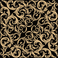 Gold baroque seamless pattern on black background. Seamless pattern with damask baroque swirl floral elements © artvector-23