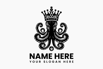 Fototapeta premium Cartoon octopus with crown surrounded by floral and leafy elements in symmetrical black and white vector design, symbolizing marine royalty and underwater charm 