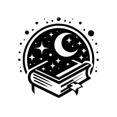 Nighttime Reading: Book, Moon, Stars, Black & White Illustration
