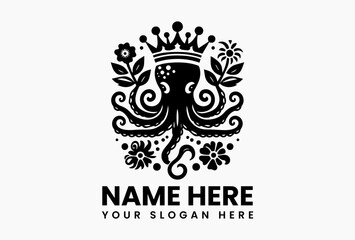 Vintage black and white octopus illustration with regal crown, floral accents, and symmetrical leafy frame, representing oceanic elegance and timeless marine symbolism  