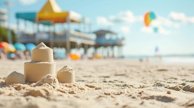 Sandy beach with a few colorful umbrellas and a lifeguard tower in the background. the sky is blue with white clouds and the ocean can be seen in the distance. - Powered by Adobe