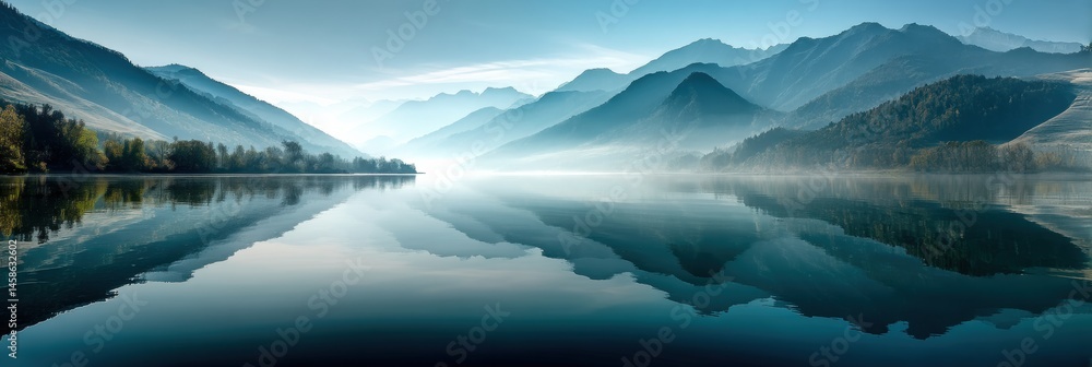 Poster serene lake reflecting mountains and sky creates a tranquil atmosphere for meditation and relaxation