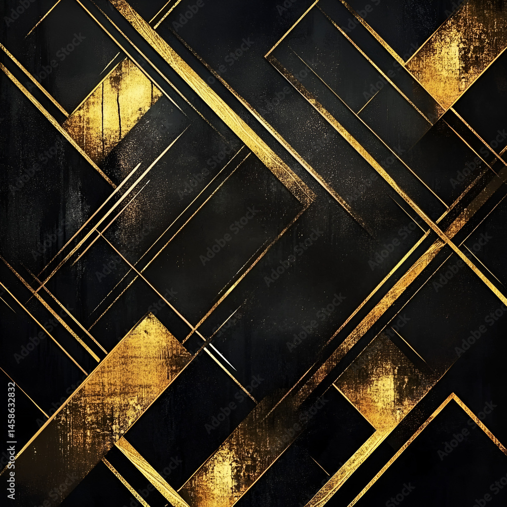 Poster dynamic gold and black geometric patterns abstract art digital design modern aesthetic close-up view