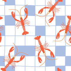 Playful retro seamless pattern with cute cartoon lobsters on a blue gingham irregular hand-drawn grid background for packaging, fabric, food branding, picnic decor, nautical marine designs, etc.