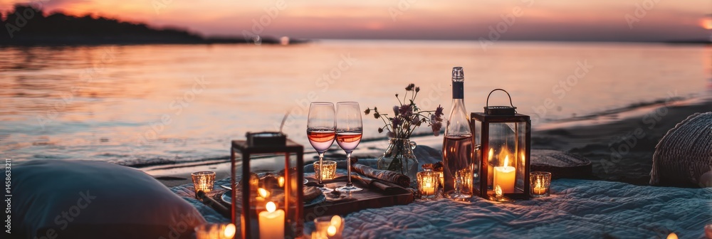 Poster romantic sunset picnic setup with wine glasses, lanterns, and candles by the waters edge for a perfe