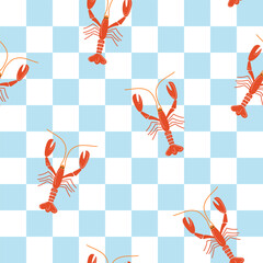 Summer seamless pattern with playful lobsters on light blue checkered background for picnic-themed projects, textiles, packaging, restaurant branding, wrapping, coastal decor, kitchen accessories, etc