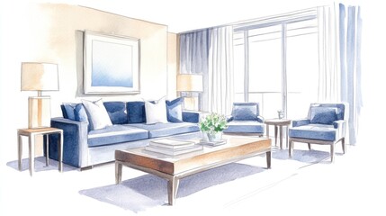 Fototapeta premium Serene Living Room Watercolor Design: Modern Comfort and Coastal Elegance