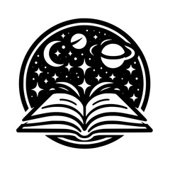 Open Book & Cosmos: Vector Illustration in Black & White