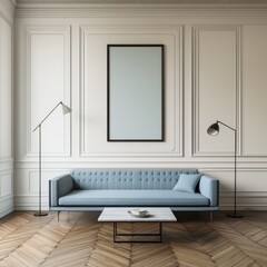 Elegant living room with light blue sofa and a framed artwork