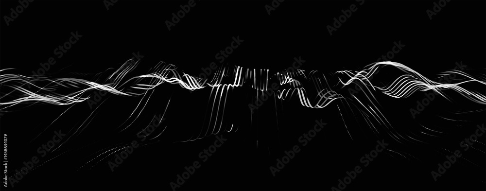 Poster abstract background with dynamic black and white wave. futuristic dotted wave of bright particles on