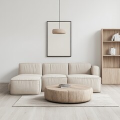 Minimalist living room with beige tones and wood accents